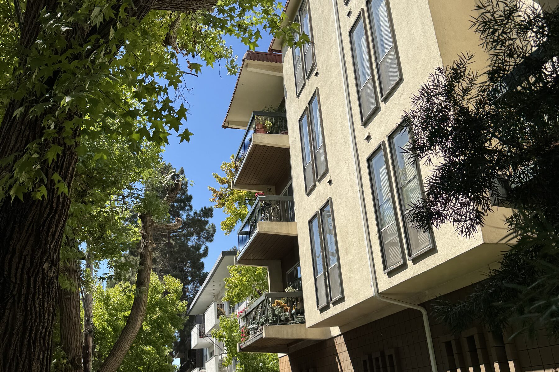 Cream stucco apartment building with private balconies among mature trees